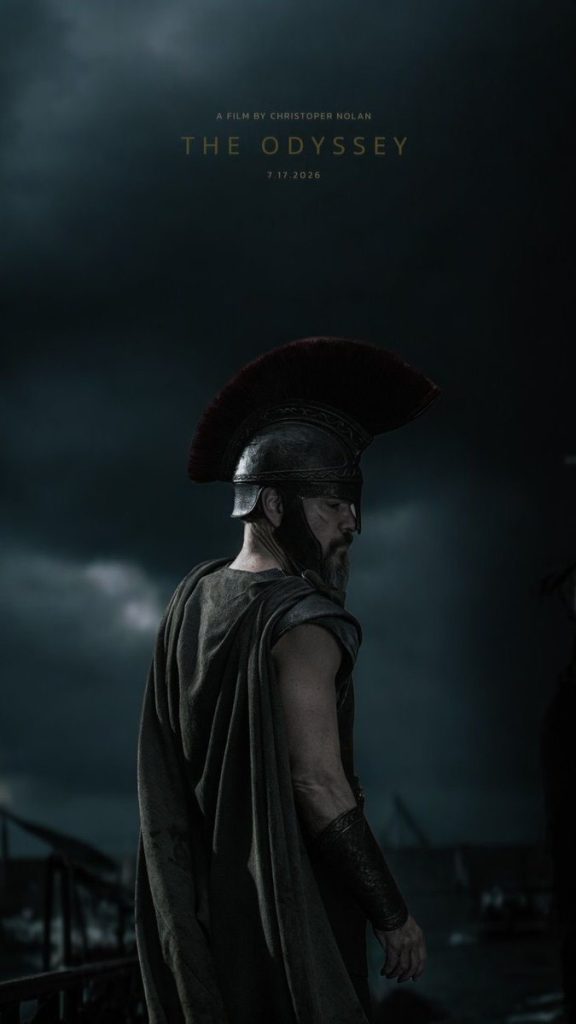 Bearded Greek warrior in ancient bronze helmet and armor looking down against a dusk sunset, concept art wallpaper for Christopher Nolan's The Odyssey.