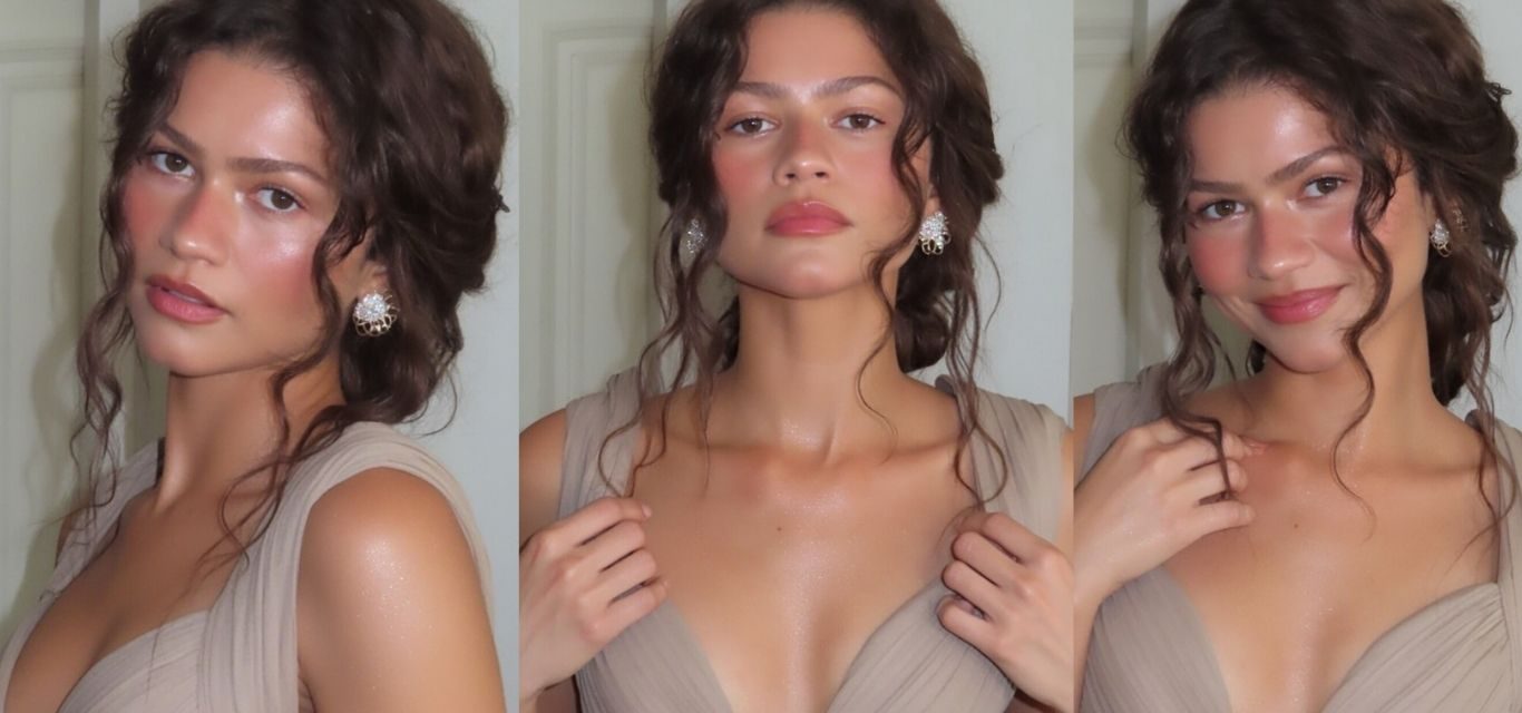 Zendaya Soft Glam Look with dewy skin, soft curls, and elegant neutral fashion