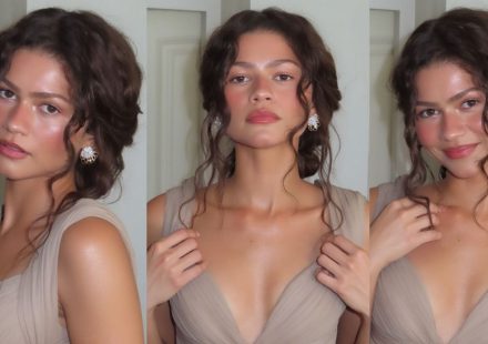 Zendaya Soft Glam Look with dewy skin, soft curls, and elegant neutral fashion