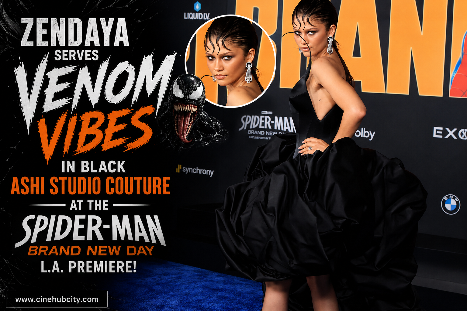 Zendaya Venom vibes in black Ashi Studio couture gown at Spider-Man Brand New Day L.A. premiere