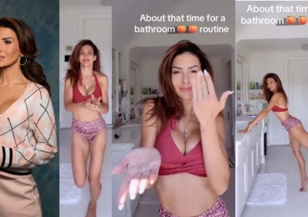 Hilaria Baldwin shows her toned figure in a red bikini while demonstrating a glute workout routine on Instagram.