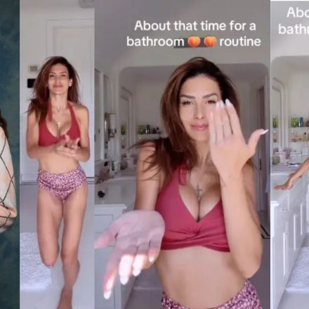 Hilaria Baldwin shows her toned figure in a red bikini while demonstrating a glute workout routine on Instagram.