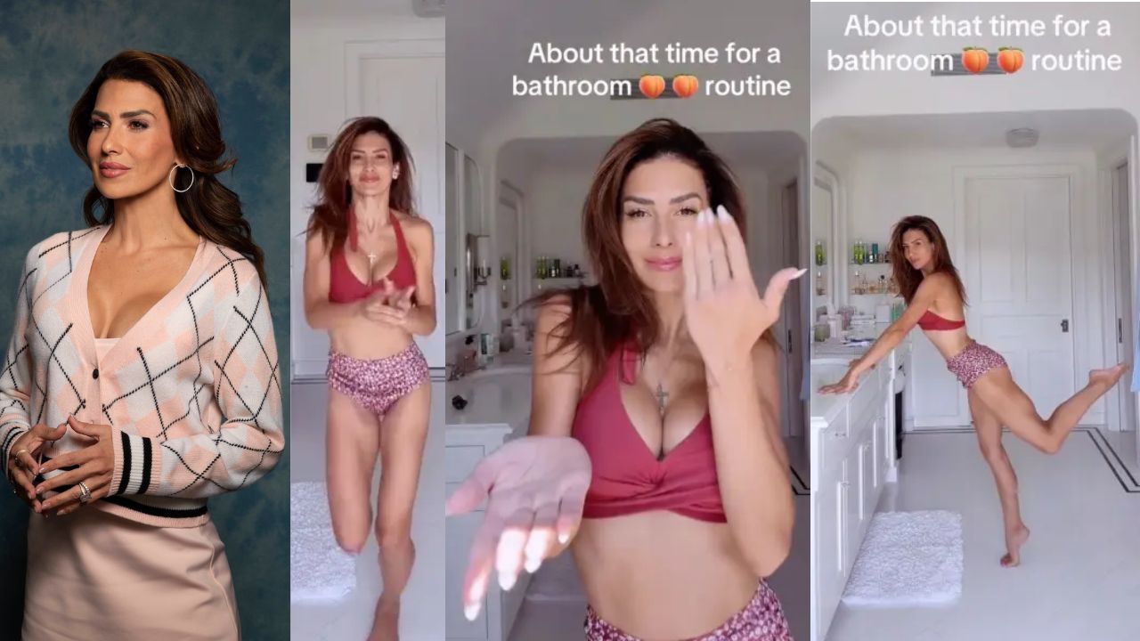 Hilaria Baldwin shows her toned figure in a red bikini while demonstrating a glute workout routine on Instagram.