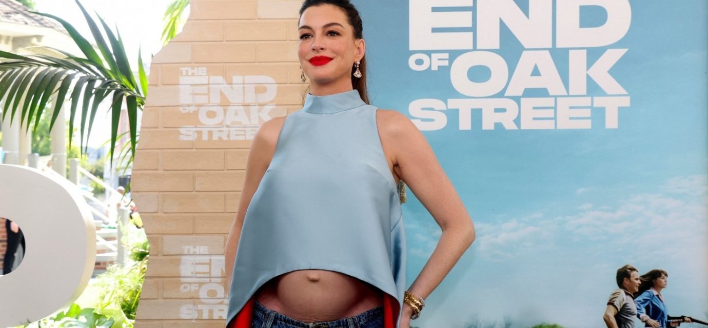 Anne Hathaway maternity outfit at The End of Oak Street Los Angeles premiere