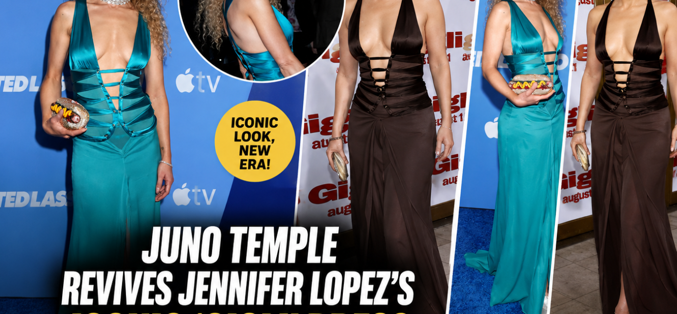 Juno Temple wearing a turquoise vintage Gucci dress at the Ted Lasso Season 4 premiere