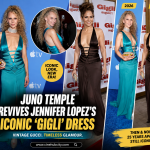 Juno Temple wearing a turquoise vintage Gucci dress at the Ted Lasso Season 4 premiere