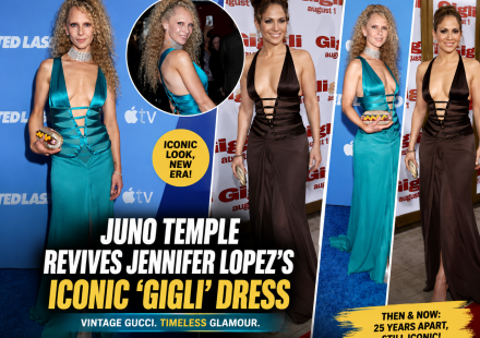 Juno Temple wearing a turquoise vintage Gucci dress at the Ted Lasso Season 4 premiere