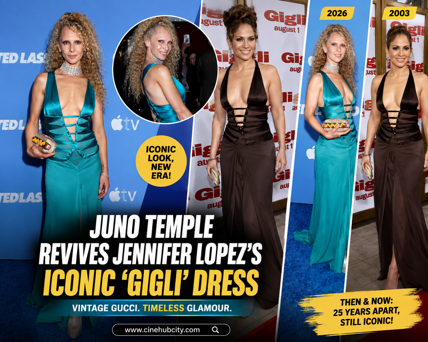 Juno Temple wearing a turquoise vintage Gucci dress at the Ted Lasso Season 4 premiere