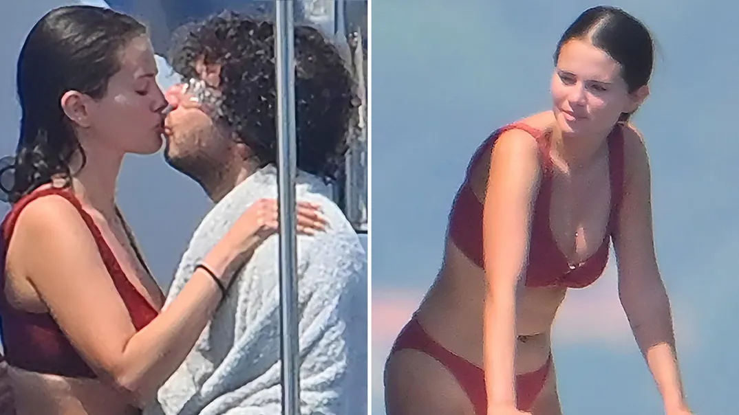 Selena Gomez and Benny Blanco share a romantic kiss aboard a luxury yacht during their vacation in France.