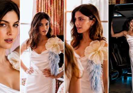 Monica Barbaro in an elegant white satin gown during her getting-ready moments for the One Night Only premiere in New York City.