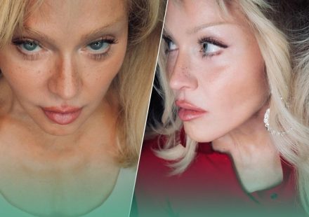 Madonna fresh-faced look with blonde hair and faux freckles