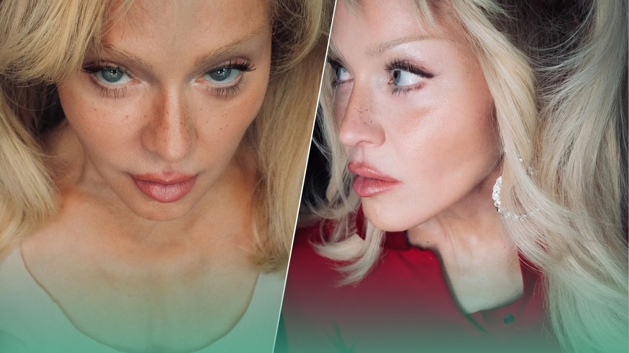 Madonna fresh-faced look with blonde hair and faux freckles