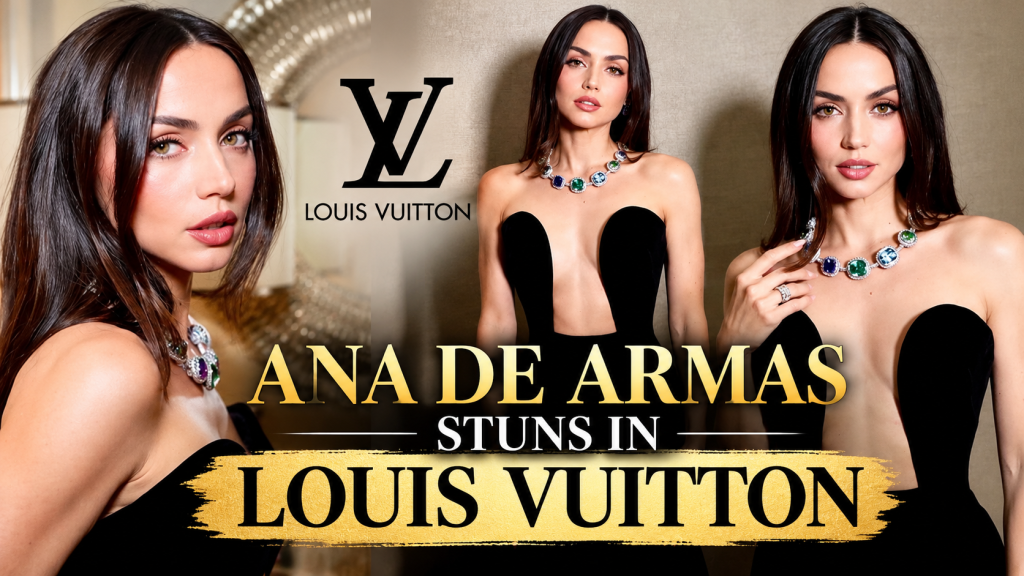 Ana de Armas wearing a sculptural black gown with a colorful gemstone necklace in Louis Vuitton-inspired luxury fashion photos.