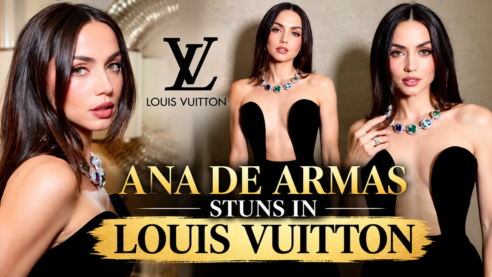 Ana de Armas wearing a sculptural black gown with a colorful gemstone necklace in Louis Vuitton-inspired luxury fashion photos.