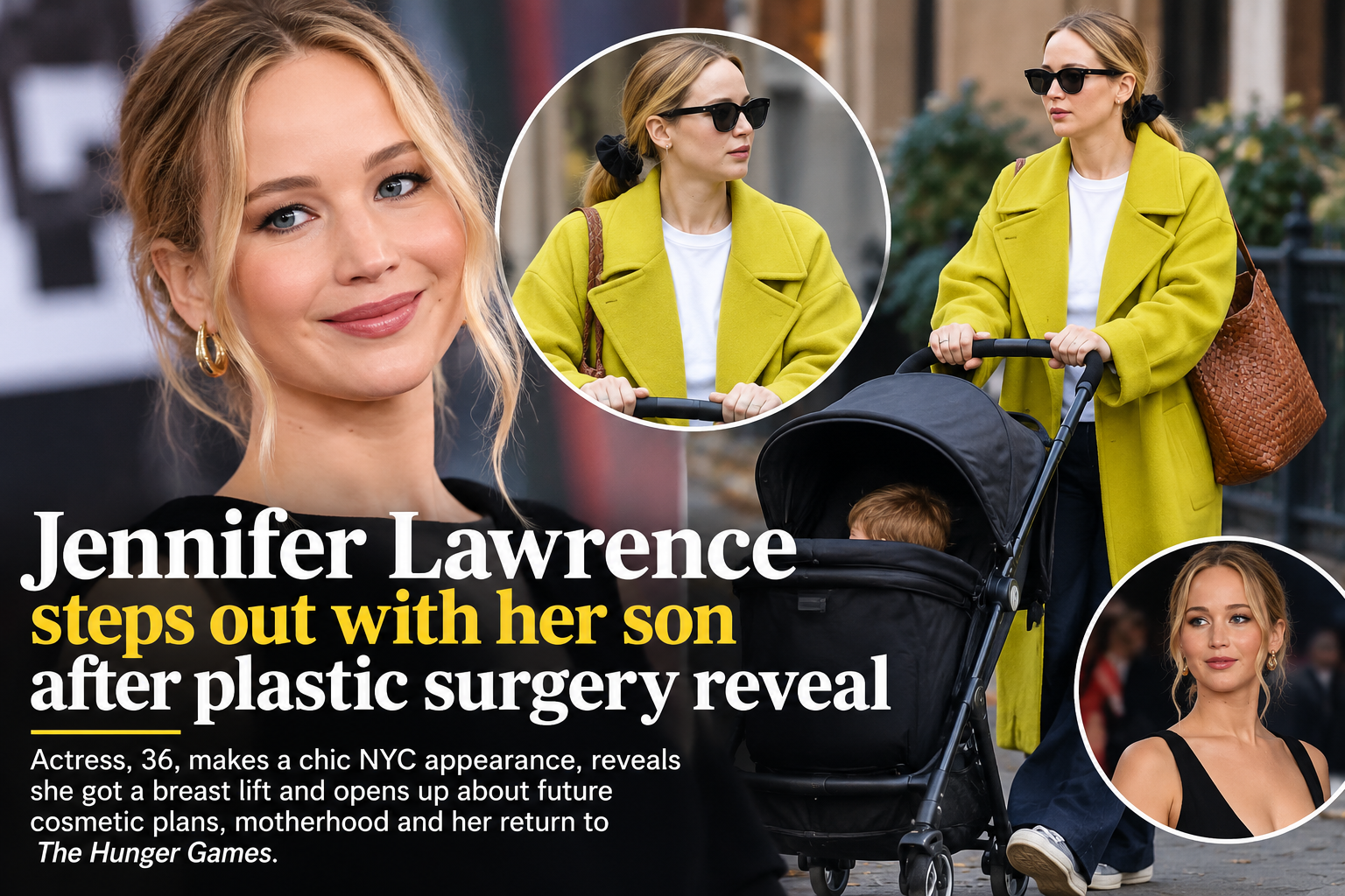 Jennifer Lawrence in a chartreuse coat during a New York City outing following her breast lift reveal.